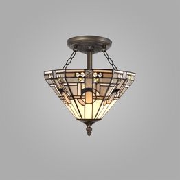 Areta 2 Light E27 Semi Ceiling With Tiffany Shade 30cm Shade, White/Grey/Black/Clear Crystal/Aged Antique Brass