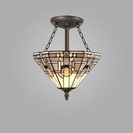 Areta 3 Light E27 Semi Ceiling With Tiffany Shade 30cm Shade, White/Grey/Black/Clear Crystal/Aged Antique Brass