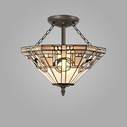 Areta 3 Light E27 White/Grey/Black/Clear Crystal/Aged Antique Brass Semi Ceiling Light With Tiffany Shade 40cm Shade