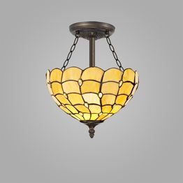 Camillie 3 Light Semi Ceiling E27 With 30cm Tiffany Shade, Beige/Clear Crystal/Aged Antique Brass