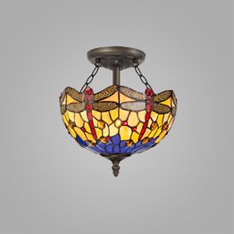 Haze 2 Light Semi Ceiling E27 With 30cm Tiffany Shade, Blue/Orange/Crystal/Aged Antique Brass