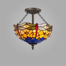 Haze 3 Light Semi Ceiling E27 With 40cm Tiffany Shade, Blue/Orange/Crystal/Aged Antique Brass