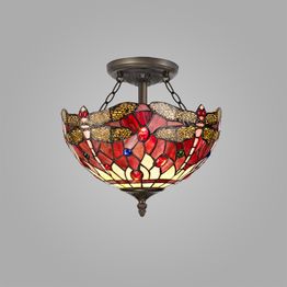 Haze 2 Light Semi Ceiling E27 With 30cm Tiffany Shade (Purple/Pink/Crystal/Aged Antique Brass)