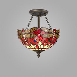 Haze 3 Light Semi Ceiling E27 With 30cm Tiffany Shade, Purple/Pink/Crystal/Aged Antique Brass