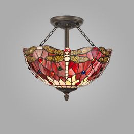 Haze 3 Light Semi Ceiling E27 With 40cm Tiffany Shade, Purple/Pink/Crystal/Aged Antique Brass