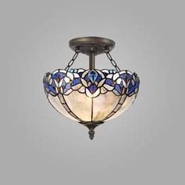 Orella 2 Light Semi Ceiling E27 With 30cm Tiffany Shade, Blue/Clear Crystal/Aged Antique Brass