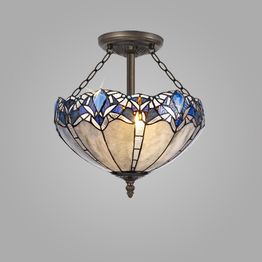Orella 3 Light Semi Ceiling E27 With 40cm Tiffany Shade, Blue/Clear Crystal/Aged Antique Brass