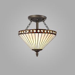 Teresa 2 Semi Ceiling Light With 30cm Tiffany Shade Amber/Cream/Crystal/Aged Antique Brass E27