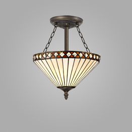 Teresa 3 Light Semi Ceiling E27 With 30cm Tiffany Shade, Amber/Cream/Crystal/Aged Antique Brass