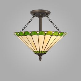 Una 3 Light Semi Ceiling E27 With 40cm Tiffany Shade, Green/Cream/Crystal/Aged Antique Brass