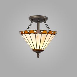 Una 2 Light Semi Ceiling E27 With 30cm Tiffany Shade, Amber/Cream/Crystal/Aged Antique Brass