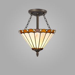 Una 3 Light Semi Ceiling E27 With 30cm Tiffany Shade, Amber/Cream/Crystal/Aged Antique Brass
