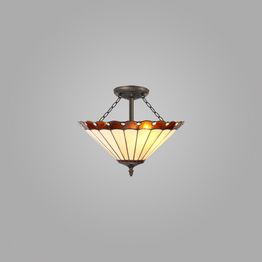 Una 3 Light Semi Ceiling E27 With 40cm Tiffany Shade, Amber/Cream/Crystal/Aged Antique Brass