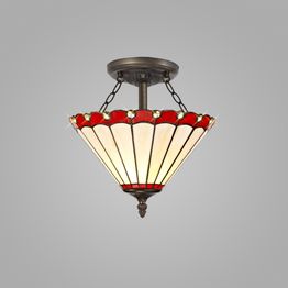 Una 2 Light Semi Ceiling E27 With 30cm Tiffany Shade, Red/Cream/Crystal/Aged Antique Brass