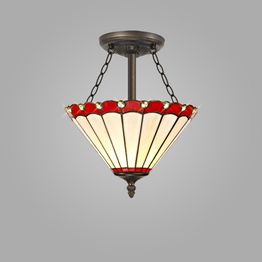 Una 3 Light Semi Ceiling E27 With 30cm Tiffany Shade, Red/Cream/Crystal/Aged Antique Brass