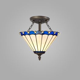 Una 2 Light Semi Ceiling E27 With 30cm Tiffany Shade, Blue/Cream/Crystal/Aged Antique Brass
