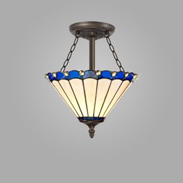 Una 3 Light Semi Ceiling E27 With 30cm Tiffany Shade, Blue/Cream/Crystal/Aged Antique Brass