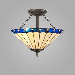 Una 3 Light Semi Ceiling E27 With 40cm Tiffany Shade, Blue/Cream/Crystal/Aged Antique Brass