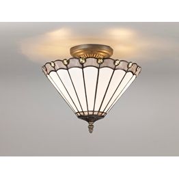 Una 3 Light Semi Ceiling E27 With 30cm Tiffany Shade, Grey/Cream/Crystal/Aged Antique Brass