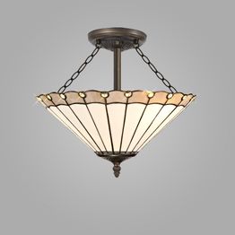 Una 3 Light Semi Ceiling E27 With 40cm Tiffany Shade, Grey/Cream/Crystal/Aged Antique Brass