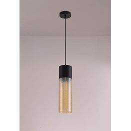 Holly Single Tube Pendant 1 Light E27, Black/Amber Glass