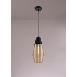 Holly Single Cone 1 Light Pendant For E27 Bulb in Black/Amber Glass