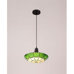 Alysia 1 Light Pendant E27 With 35cm Tiffany Shade, Cream/Green/Clear Crystal Centre/Aged Antique Brass Trim/Black
