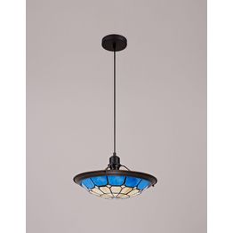 Alysia 1 Light Pendant E27 With 35cm Tiffany Shade, Cream/Rich Blue/Clear Crystal Centre/Aged Antique Brass Trim/Black