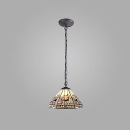 Areta 1 Light Downlighter Pendant E27 With 30cm Tiffany Shade, White/Grey/Black/Clear Crystal/Aged Antique Brass