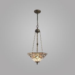 Areta 3 Light Uplighter Pendant E27 With 40cm Tiffany Shade, White/Grey/Black/Clear Crystal/Aged Antique Brass