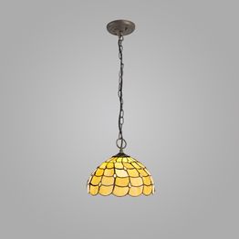 Camillie 3 Light Downlighter Pendant E27 With 30cm Tiffany Shade, Beige/Clear Crystal/Aged Antique Brass