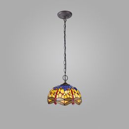 Haze 2 Light Downlighter Pendant E27 With 30cm Tiffany Shade, Blue/Orange/Crystal/Aged Antique Brass