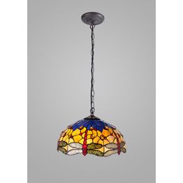 Haze 1 Light Downlighter Pendant E27 With 40cm Tiffany Shade, Blue/Orange/Crystal/Aged Antique Brass