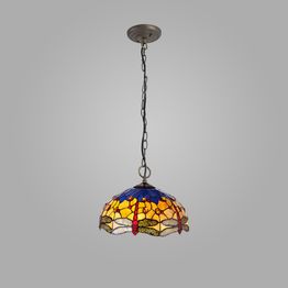Haze 3 Light Downlighter Pendant E27 With 40cm Tiffany Shade, Blue/Orange/Crystal/Aged Antique Brass