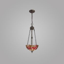Haze 2 Light Uplighter Pendant E27 With 30cm Tiffany Shade, Purple/Pink/Crystal/Aged Antique Brass