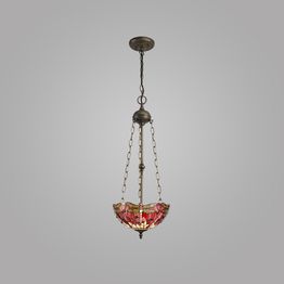 Haze 3 Light Uplighter Pendant E27 With 30cm Tiffany Shade, Purple/Pink/Crystal/Aged Antique Brass