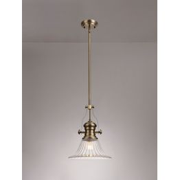 Lucinda 1 Light Pendant E27 With 30cm Bell Glass Shade, Antique Brass/Clear