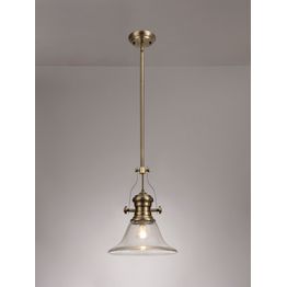 Lucinda 1 Light Pendant E27 With 30cm Smooth Bell Glass Shade, Antique Brass/Clear