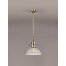 Lucinda 1 Light Pendant E27 With 33.5cm Prismatic Glass Shade, Antique Brass/Clear