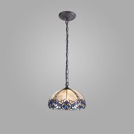 Orella 1 Light Downlight Pendant E27 With 30cm Tiffany Shade, Blue/Clear Crystal/Aged Antique Brass