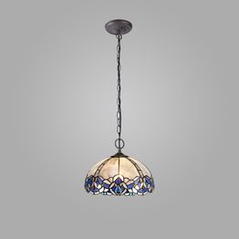 Orella 2 Light Downlight Pendant E27 With 30cm Tiffany Shade, Blue/Clear Crystal/Aged Antique Brass