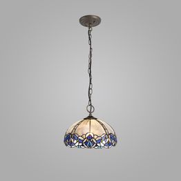 Orella 3-Light E27 Pendant With 30cm Tiffany Shade (Blue/Clear Crystal/Aged Antique Brass)