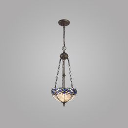 Orella 2 Light Uplighter Pendant E27 With 30cm Tiffany Shade, Blue/Clear Crystal/Aged Antique Brass