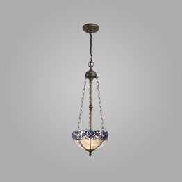 Orella 3 Light Uplighter Pendant E27 With 30cm Tiffany Shade, Blue/Clear Crystal/Aged Antique Brass