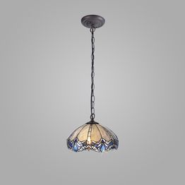 Orella 1 Light Downlight Pendant E27 With 40cm Tiffany Shade, Blue/Clear Crystal/Aged Antique Brass
