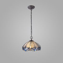 Orella 2 Light Downlight Pendant E27 With 40cm Tiffany Shade, Blue/Clear Crystal/Aged Antique Brass