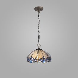 Orella 3 Light Downlight Pendant E27 With 40cm Tiffany Shade, Blue/Clear Crystal/Aged Antique Brass