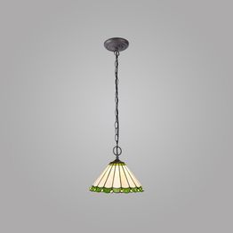Una 2 Light Downlighter Pendant E27 With 30cm Tiffany Shade, Green/Cream/Crystal/Aged Antique Brass