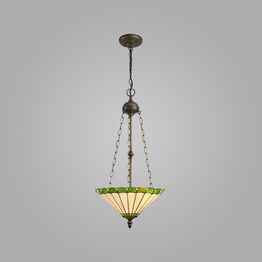 Una 3 Light Uplighter Pendant E27 With 40cm Tiffany Shade, Green/Cream/Crystal/Aged Antique Brass