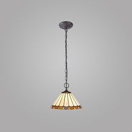 Una 2 Light Downlighter Pendant E27 With 30cm Tiffany Shade, Amber/Cream/Crystal/Aged Antique Brass